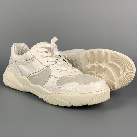VALENTINO Size 12 White & Light Grey Leather Lace Up Sneakers