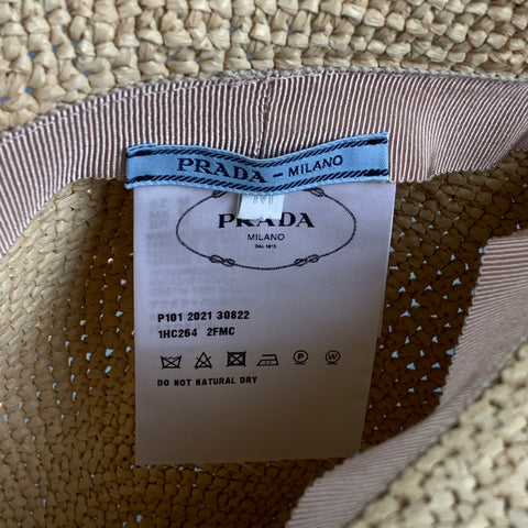 PRADA Size M Natural Woven Viscose Raffia Bucket Hat