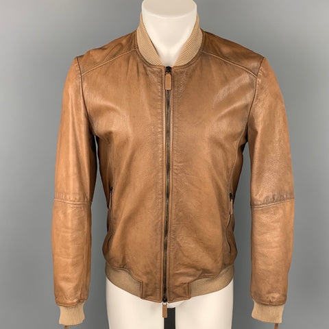 EMPORIO ARMANI Size 40 Tan Leather Zip Up Bomber Jacket
