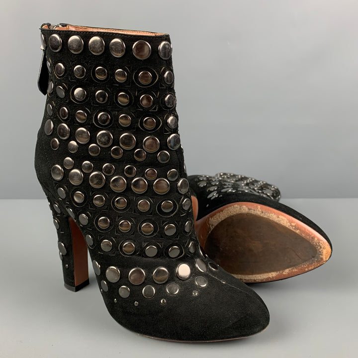 ALAIA Size 7.5 Black Leather Studded Suede Back Zip Boots