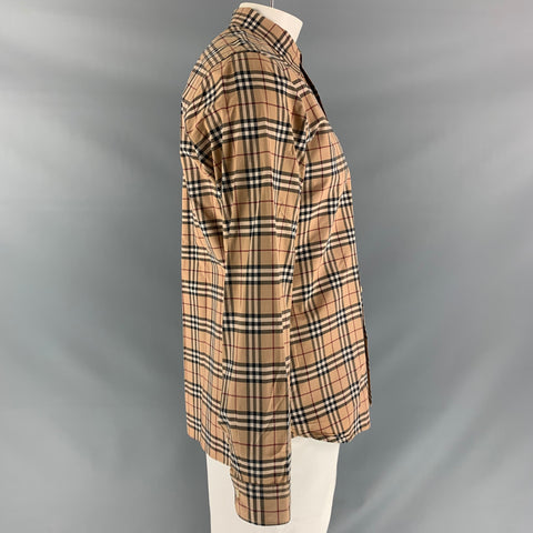 BURBERRY LONDON Size XL Tan Multicolour Plaid Cotton Long Sleeve Shirt