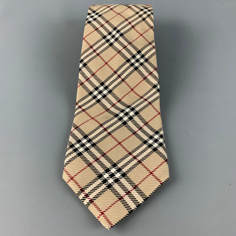 BURBERRY LONDON Beige Black & White Plaid Silk Tie
