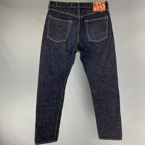 KAPITAL Size 34 Blue Indigo Contrast Stitch Selvedge Denim Button Fly Jeans