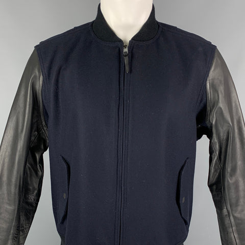 RAG & BONE Size 42 Navy Black Wool  Nylon Bomber Jacket