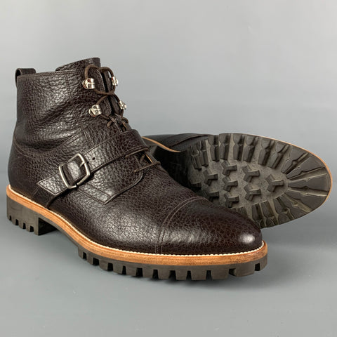 BALLY Size 8.5 Brown Pebble Grain Leather Belted Powell Boots