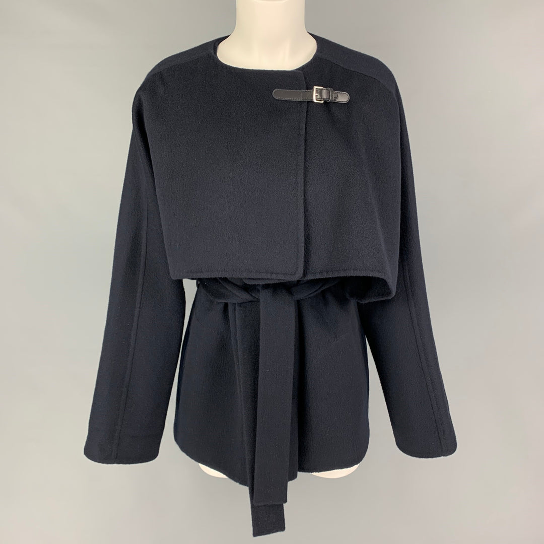 HERMES by Margiela FW 2000 Size 10 Navy Blue Cashmere Belted Cape Vest  Jacket