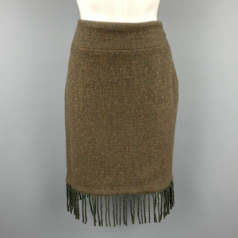 RALPH LAUREN Size 6 Olive Wool / Cashmere Tweed Fringe Skirt