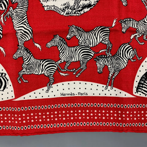 HERMES Les Zebres by Robert Dallet Red Black White Cashmere Silk Bandana Scarf