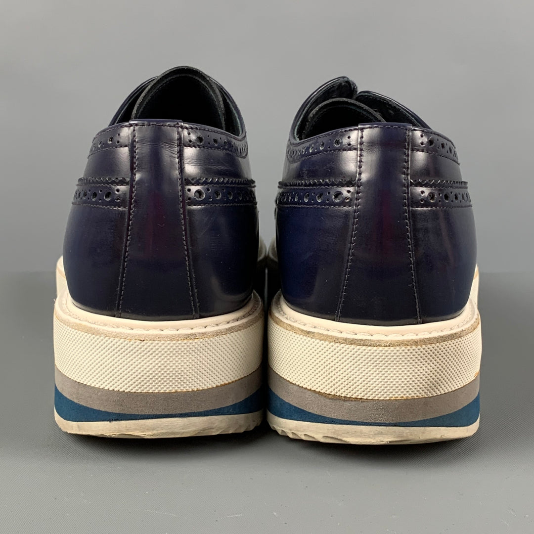 PRADA Size 10 Navy White Perforated Leather Platform Lace Up Shoes