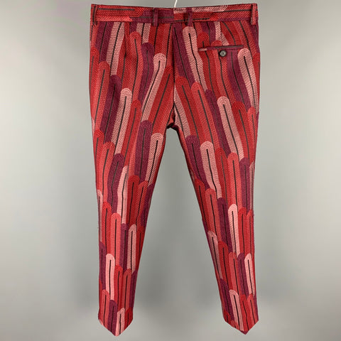 WALTER VAN BEIRENDONCK F/W 16 Size 34 Burgundy & Red Brocade Polyester Blend 2001 Sharp Trouser Pants