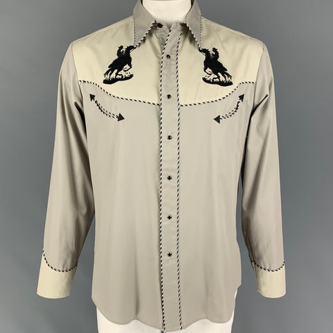 Vintage ROPEZ Talla L Gris Beige Bordado Camisa Occidental Manga Larga