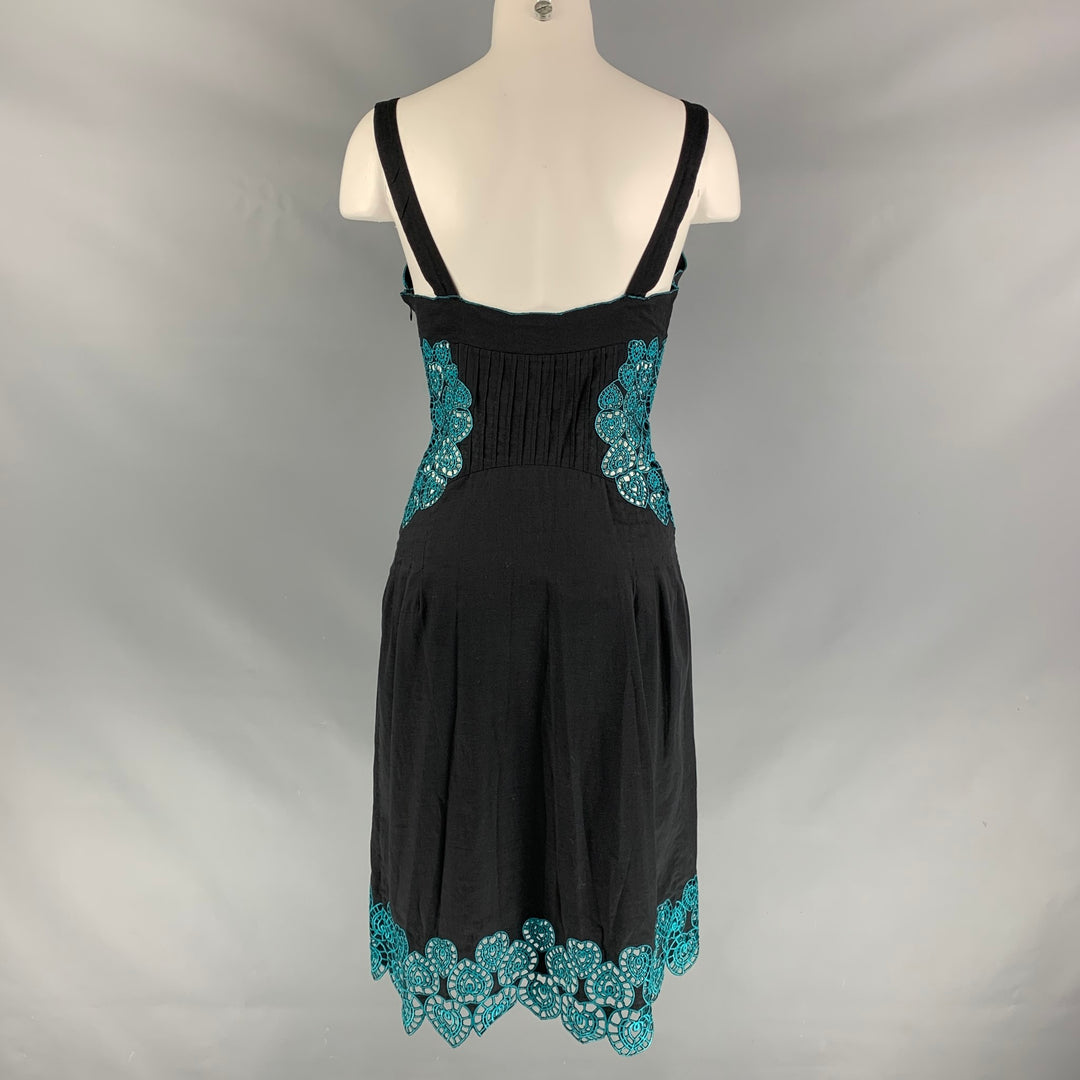 CATHERINE MALANDRINO Size 2 Black Turquoise Cotton Embroidered Dress