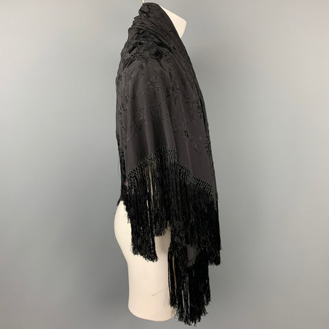 RALPH LAUREN Purple Label Black Embroidered Silk Fringe 54 x 52 in Scarf Shawl