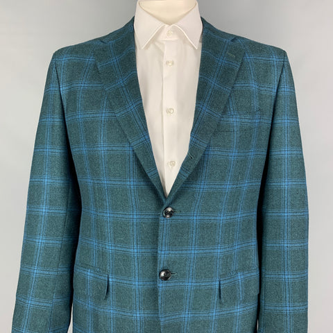 KITON Size 44 Dark Green Blue Plaid Cashmere Notch Lapel Sport Coat