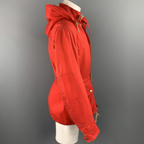 NIGEL CABOURN Size 42 Red Waxed Cotton Zip & Snaps Belted Hooded Jacket