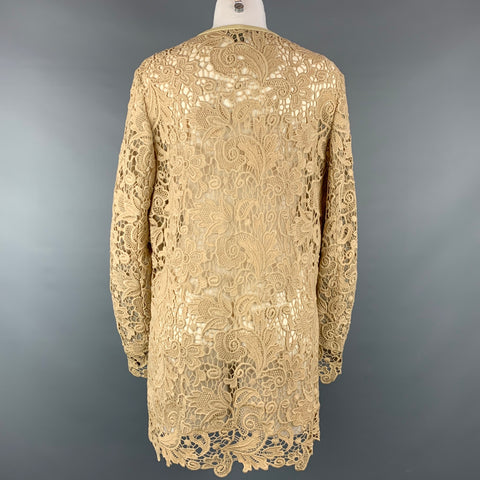 RALPH LAUREN Black Label Size 12 Beige Lace Textured Cotton Leather Trim Cardigan