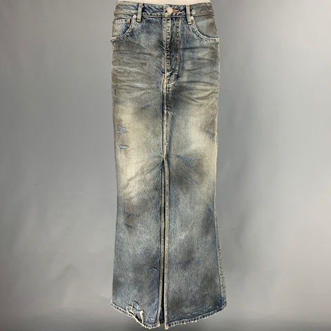 BALENCIAGA Size 6 Blue Grey Cotton Distressed Pencil Long Skirt