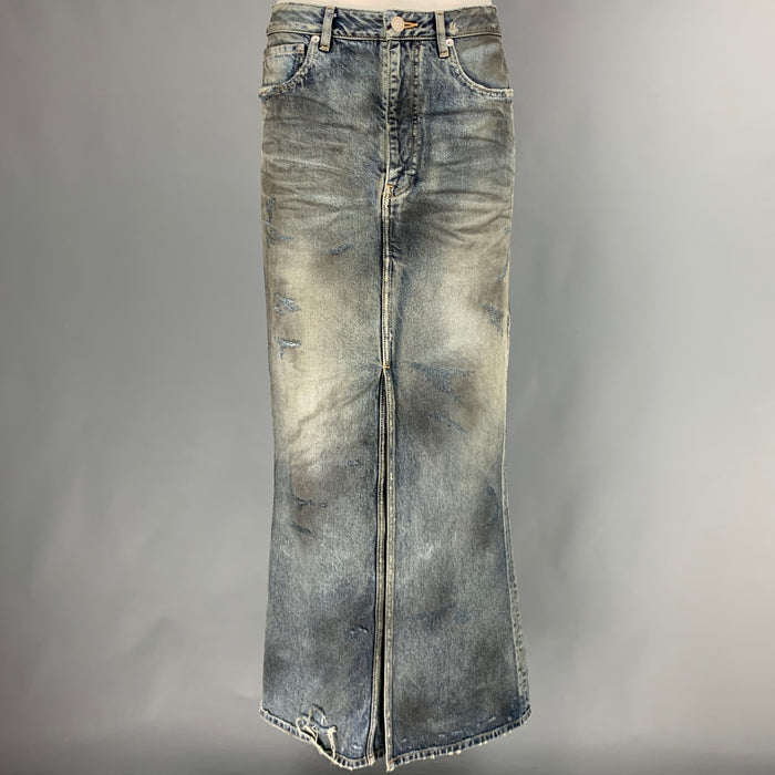 BALENCIAGA Size 6 Blue Grey Cotton Distressed Pencil Long Skirt