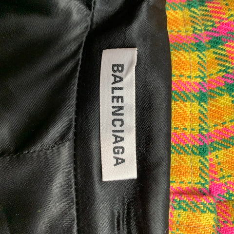 BALENCIAGA FW 2018 Size 4 Yellow & Pink Check Print Wool / Viscose High Waisted Midi Skirt