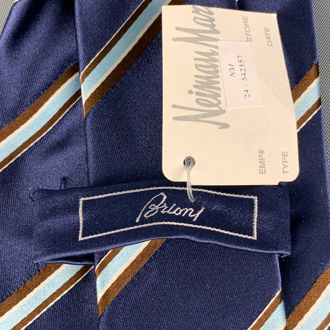 BRIONI Navy Blue Brown Diagonal Stripe Silk Neck Tie