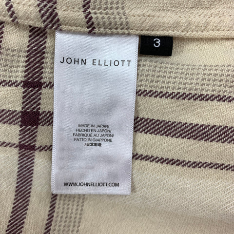 JOHN ELLIOTT Size L Beige Burgundy Plaid Cotton Cropped Long Sleeve Shirt