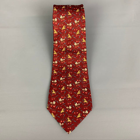 SALVATORE FERRAGAMO Burgundy Bunny Rabbit  Print Silk Tie