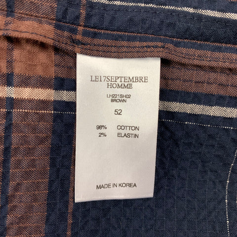 LE17SEPTEMBRE Size L Navy Brown Plaid Cotton Camp Short Sleeve Shirt