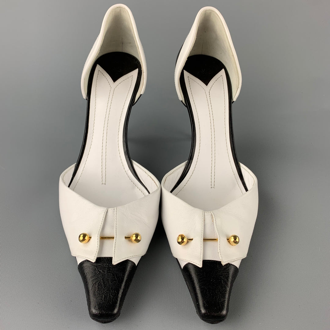 CHANEL Size 10 White & Black Two Toned Leather D'Orsay Pumps