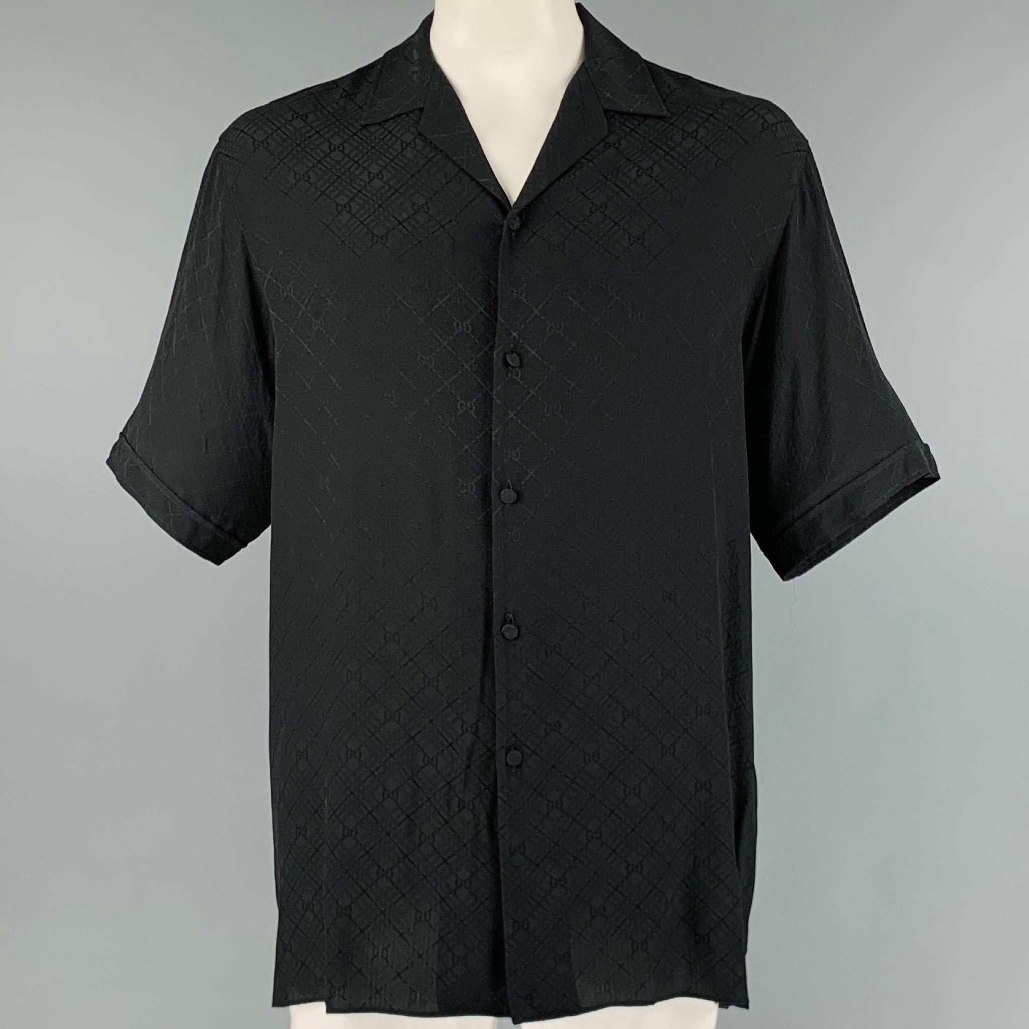 GUCCI Size L Black Monogram Silk Camp Short Sleeve Shirt – Sui