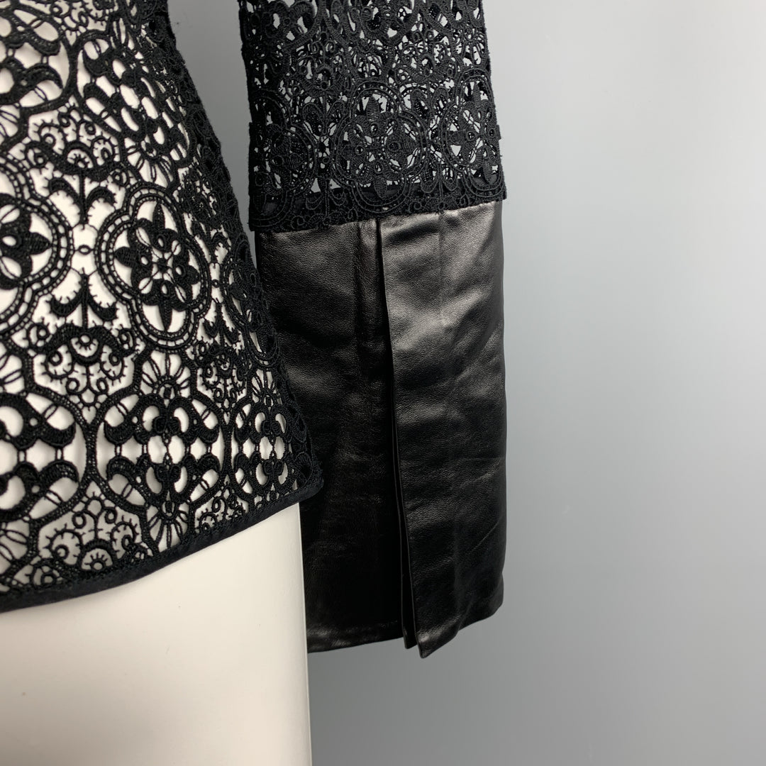 HONOR Size 2 Black Cotton Lace Leather Cuff Blouse