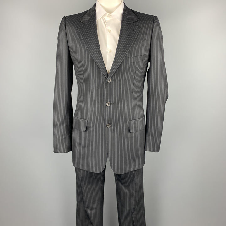 GUCCI 40 Long Black Stripe Wool / Silk Notch Lapel Suit