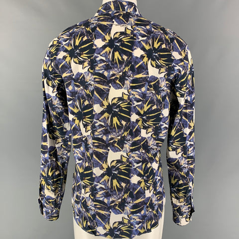 JUST CAVALLI Size M Blue Yellow Floral Cotton Button Down Long Sleeve Shirt