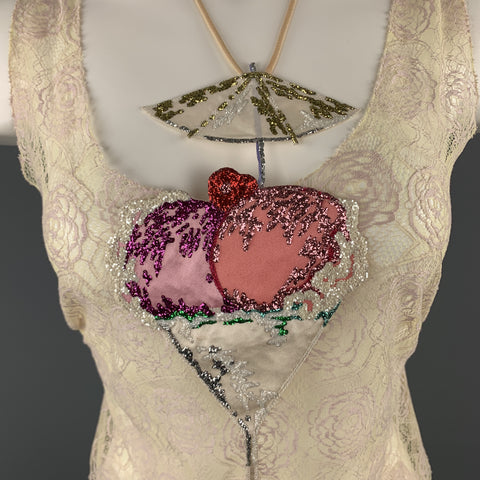 CHANEL Talla 10 Top de crucero de Martini con helado de encaje beige y purpurina 2004