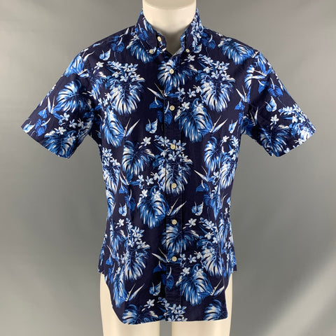 RALPH LAUREN Size M Navy Blue Floral Cotton Button Down Short Sleeve Shirt