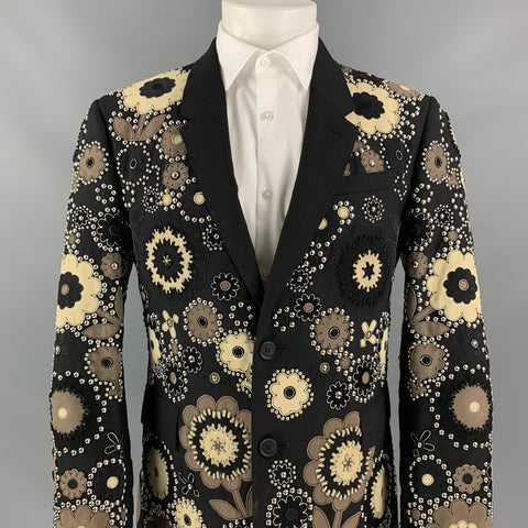 BURBERRY PRORSUM Spring 2016 Size 40 Regular Black & Cream Embellished Floral Sport Coat