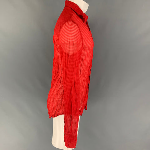 JUST CAVALLI Size L Red Wrinkled Polyester Button Down Long Sleeve Shirt