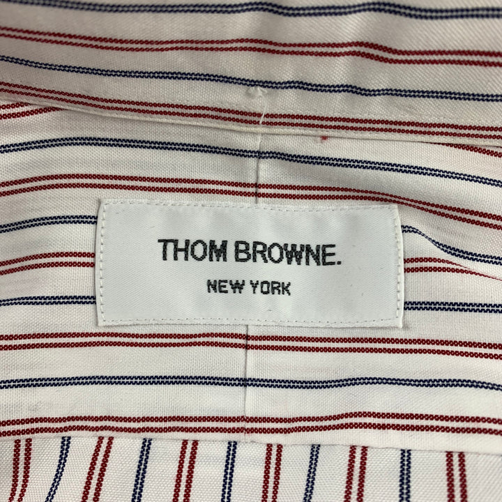 THOM BROWNE Talla M Camisa de manga larga con botones de algodón a rayas rojas, blancas y azules
