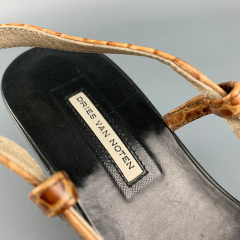 DRIES VAN NOTEN Size 8 Tan & Black Embossed Wedge Peep Toe Sandals