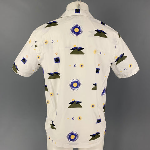 SATURDAYS NYC Size M White Olive Print Nylon Camp Short Sleeve Shirt