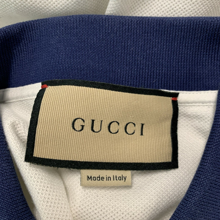 GUCCI Size M White Navy Solid Cotton Buttoned Polo