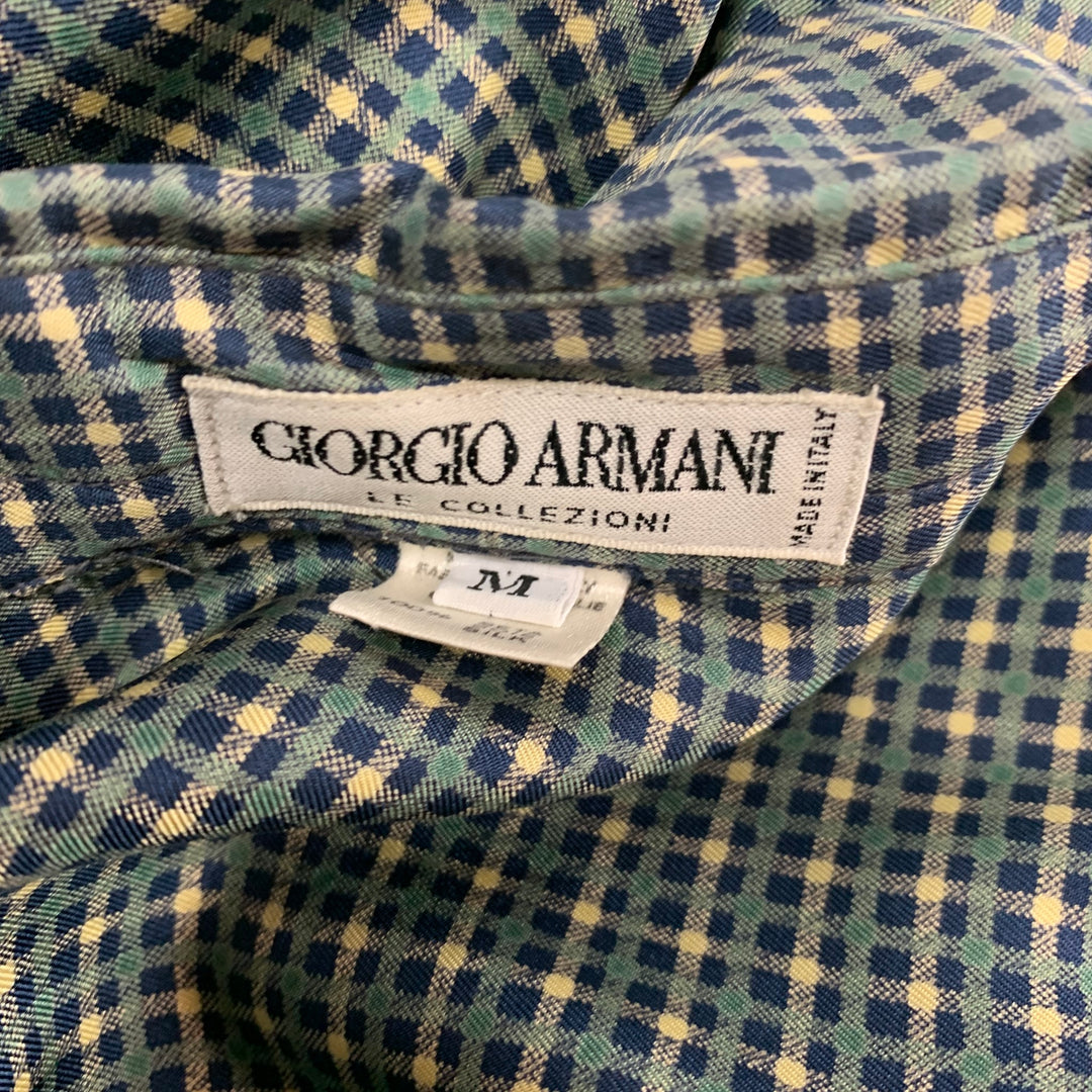 GIORGIO ARMANI Taille M Chemise à manches longues boutonnée en soie à carreaux vert et beige
