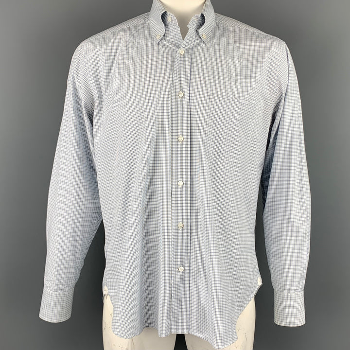 LORO PIANA Size L White & Blue Window Pane Cotton Button Down Long Sleeve Shirt