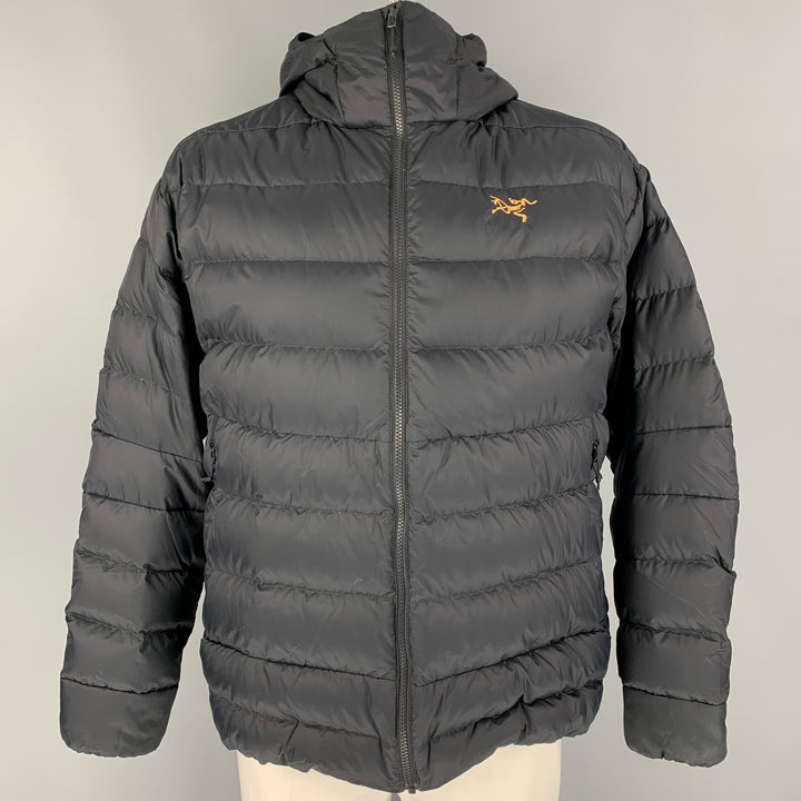 ARCTERYX Size XXL Black & Mustard Quilted Goose Down Nylon Hooded Jacket
