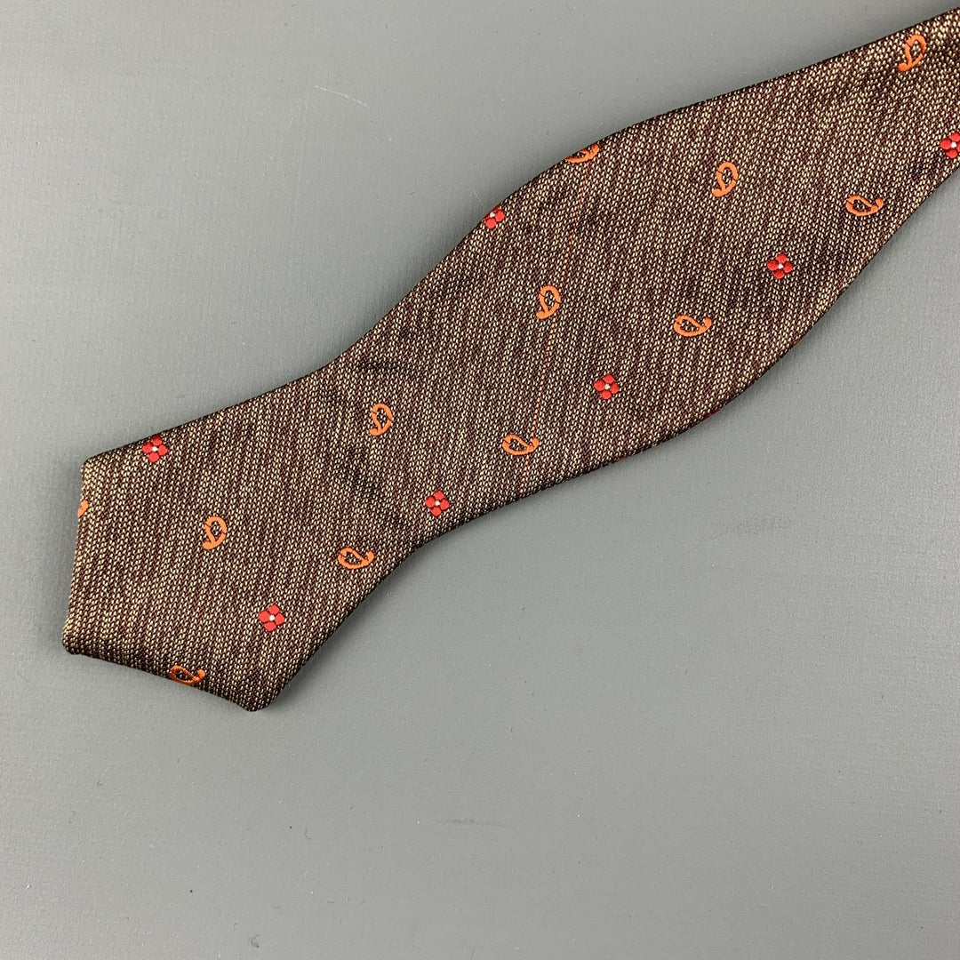 VINTAGE Brown Orange Print Silk Adjustable Bow Tie