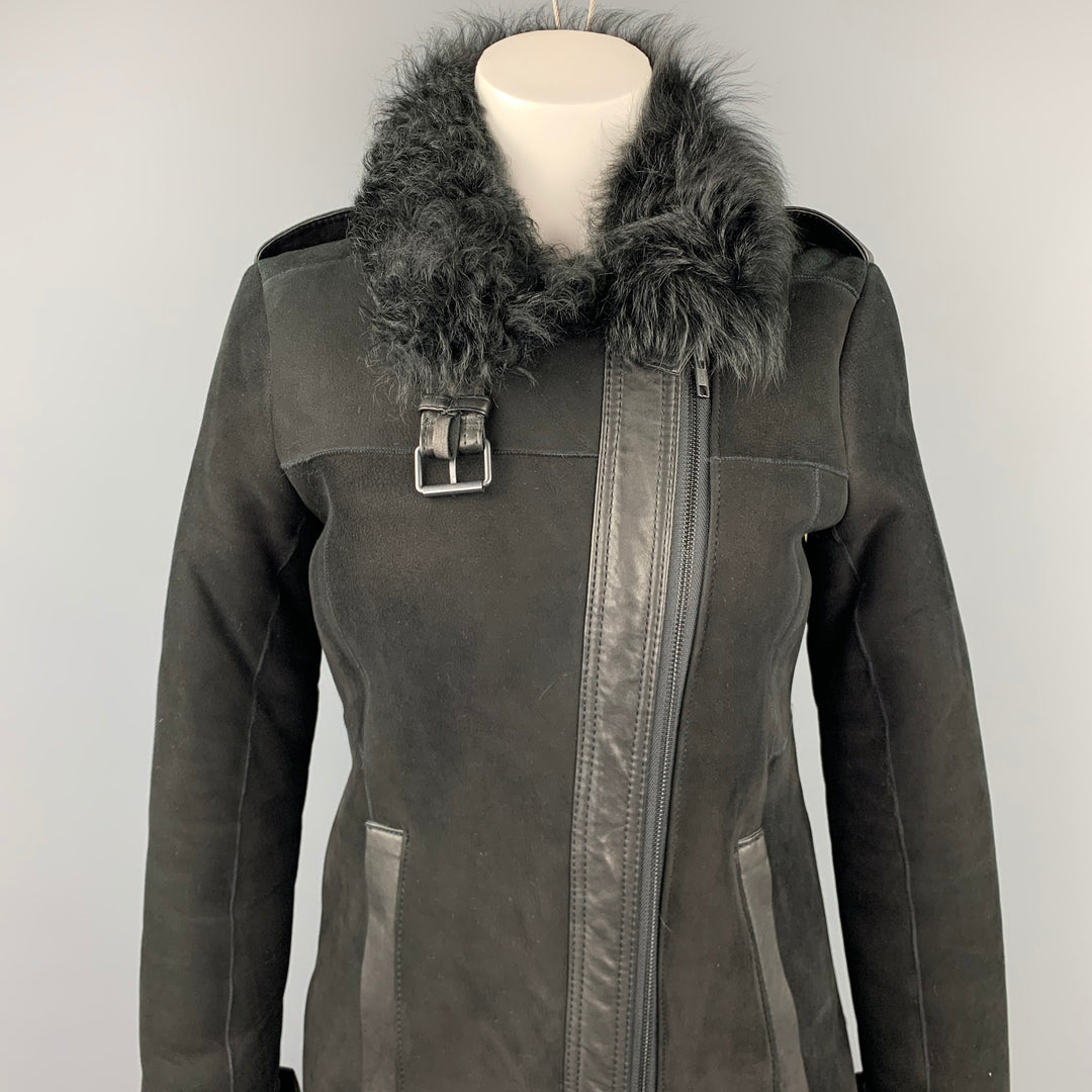 Manteau zippé à épaulettes en peau de mouton noir taille Petite THEORY