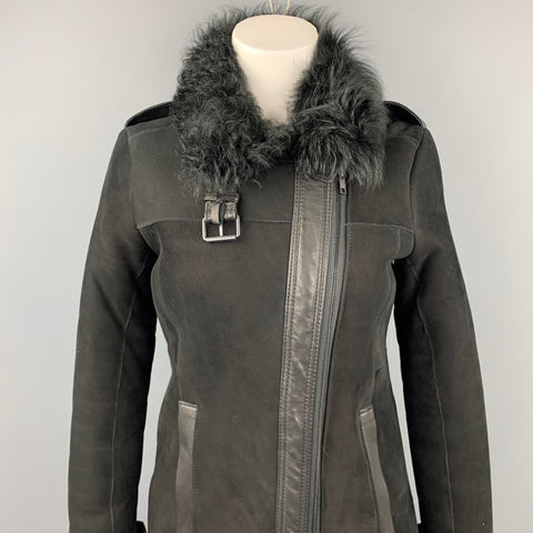THEORY Size Petite Black Shearling Epaulettes Zip Up Coat