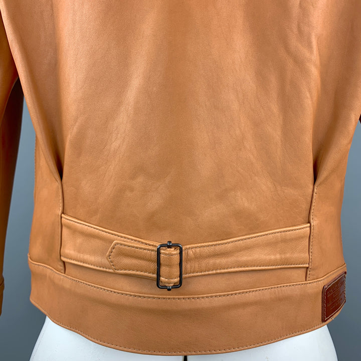 OSCAR H. GRAND Size M Tan Leather Flap Pockets Silver Buttons Back Belt Trucker Jacket