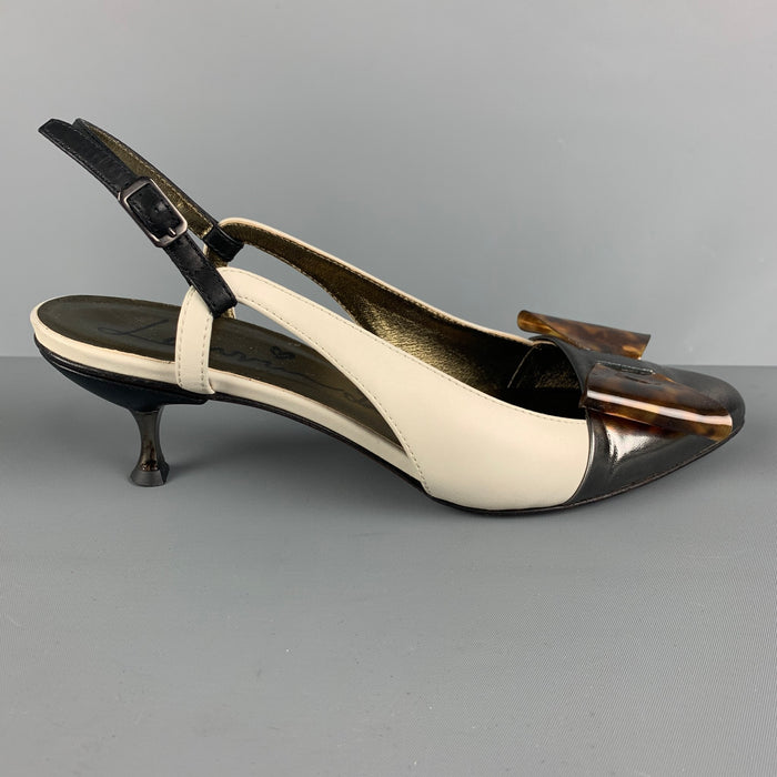 LANVIN Size 9 Cream Silver Leather Kitten Heel Pumps