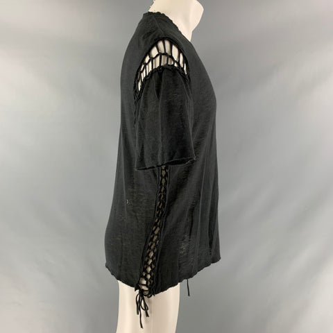 IRO Size XS Black Braided Linen Crew-Neck T-shirt
