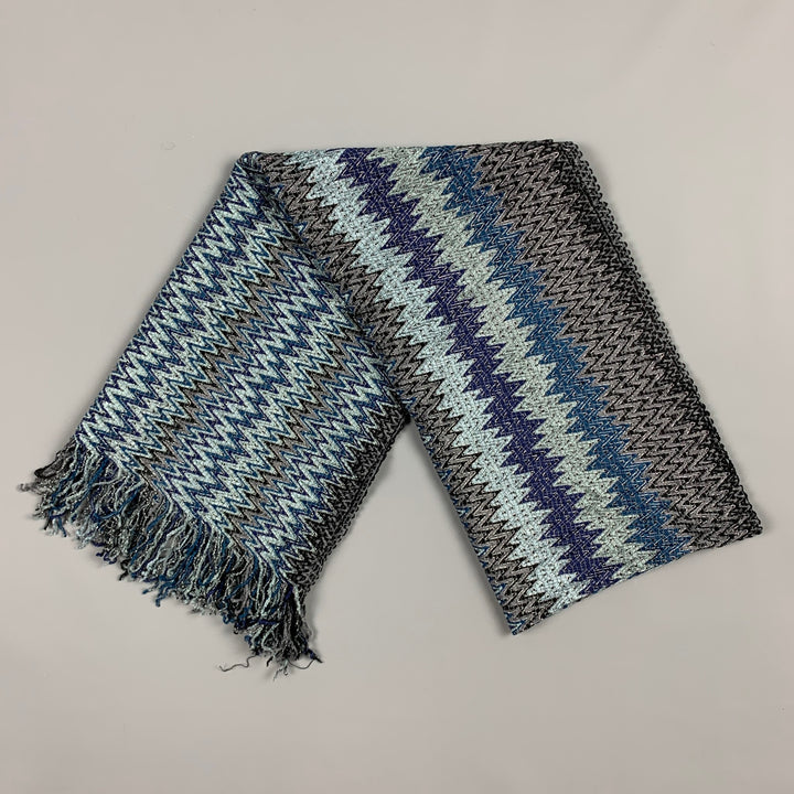 MISSONI Blue & Grey Zig-Zag Knitted Acrylic Blend Scarf